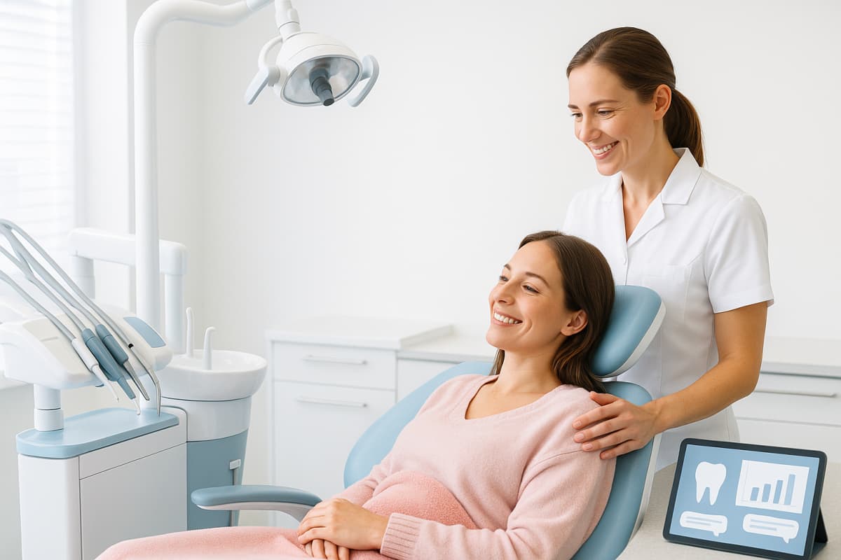 Bright dental professional consulting smiling patient in modern, well-lit clinic with digital dashboard.