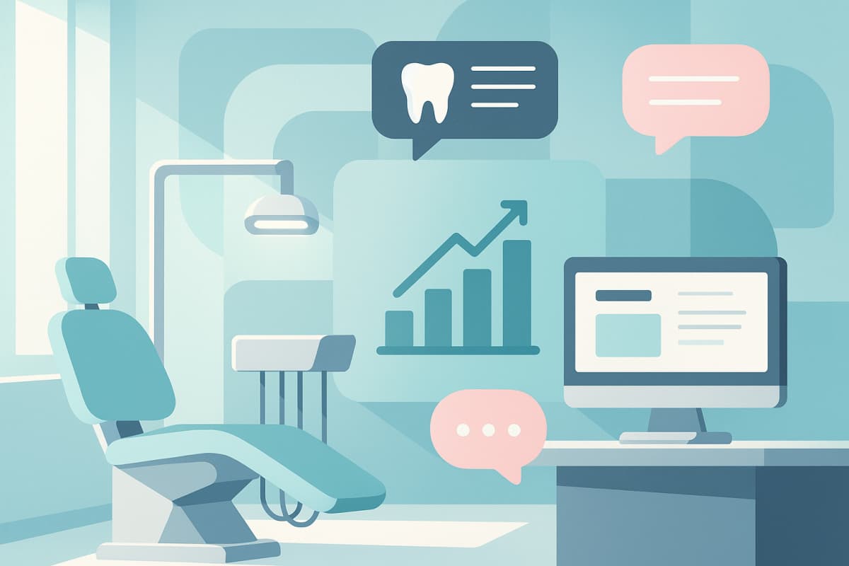 Modern dental clinic and digital workspace illustration with abstract shapes and calming colors.
