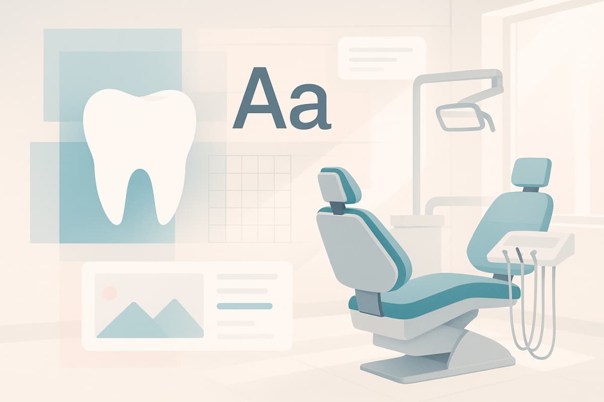 Modern dental clinic illustration with abstract color blocks, typographic shapes, and sleek digital overlays.