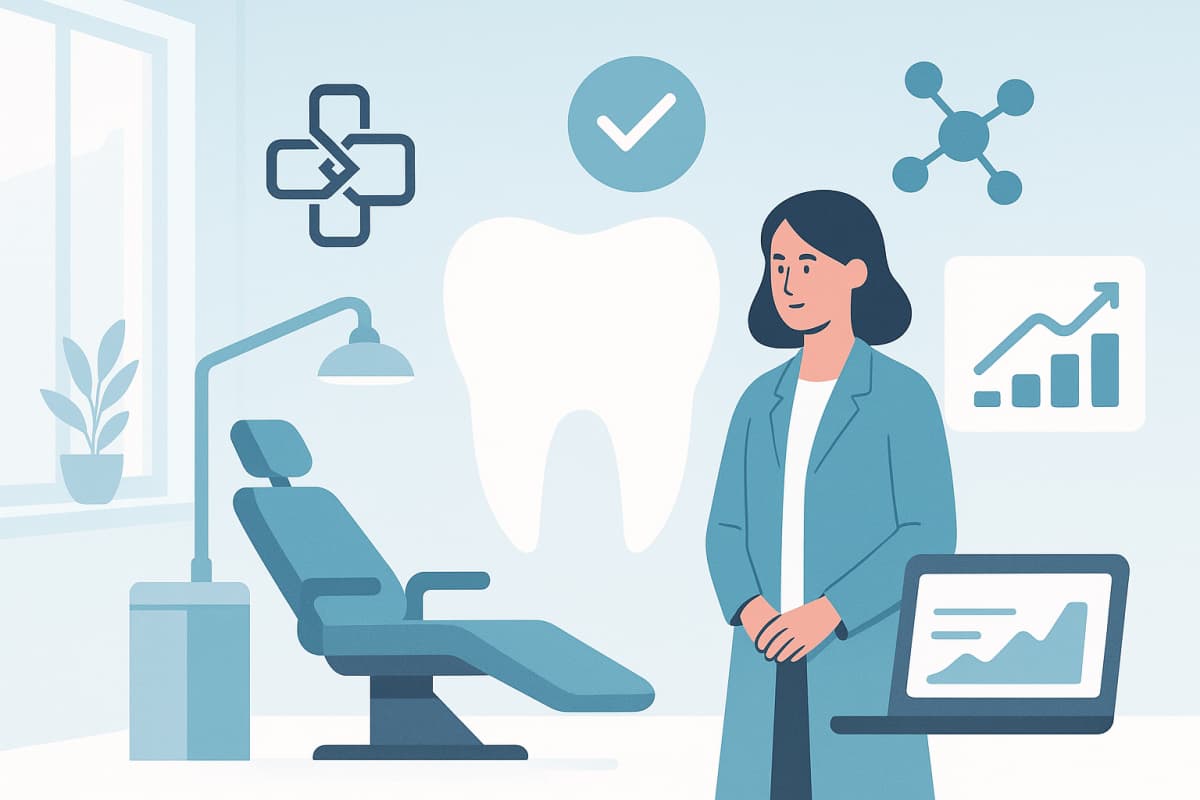 Modern dental clinic illustration with abstract symbols of trust, precision, and growth in calming colors.