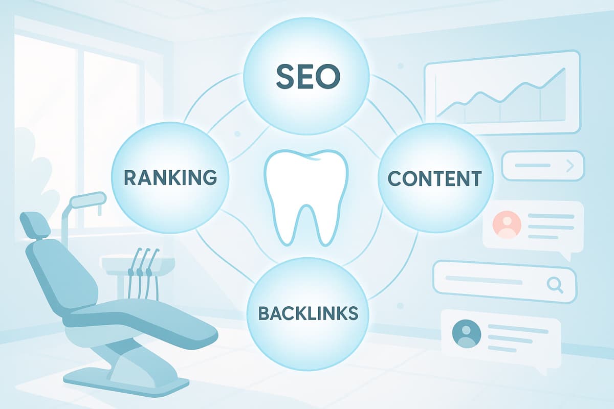 Modern dental clinic illustration with glowing orbs, digital elements, and a clean layout.