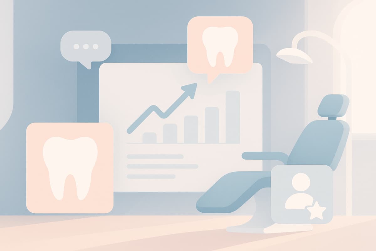 Modern dental clinic illustration with growth charts, testimonial bubbles, and minimalist icons in bright, calming tones.