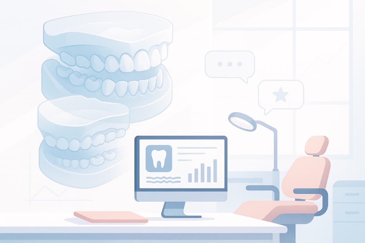 Modern dental clinic illustration with impressions, digital workspace, growth charts, and testimonial bubbles.