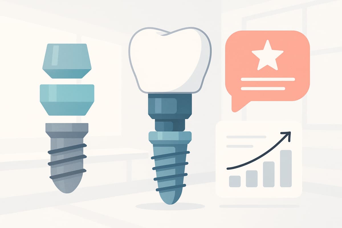 Modern dental clinic illustration with layered implant shapes, testimonial bubbles, and growth charts.