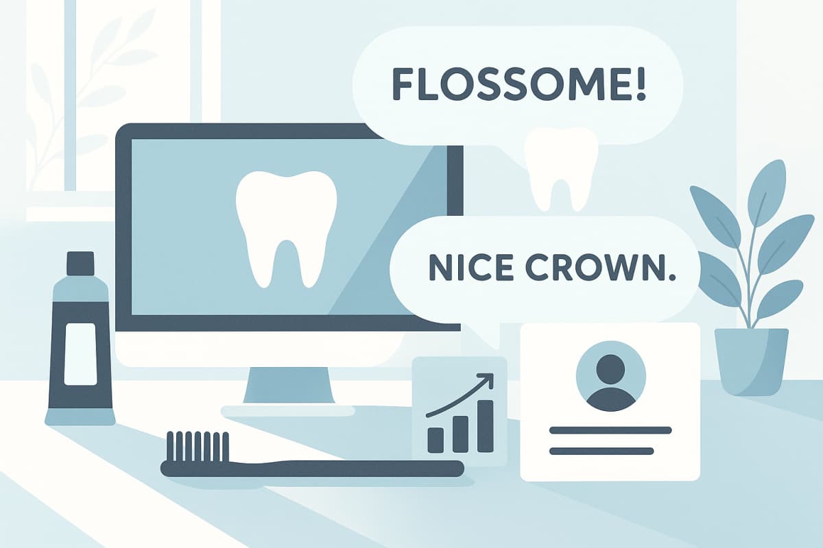 Modern dental clinic illustration with speech bubbles, growth charts, and testimonial icons in bright, inviting colors.