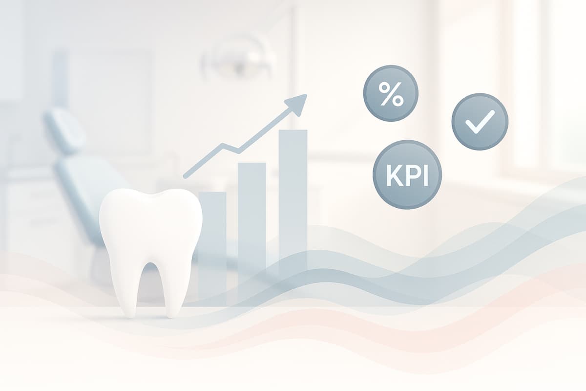 Modern dental clinic or dashboard with growth charts, KPI icons, and data waves in bright, inviting light.