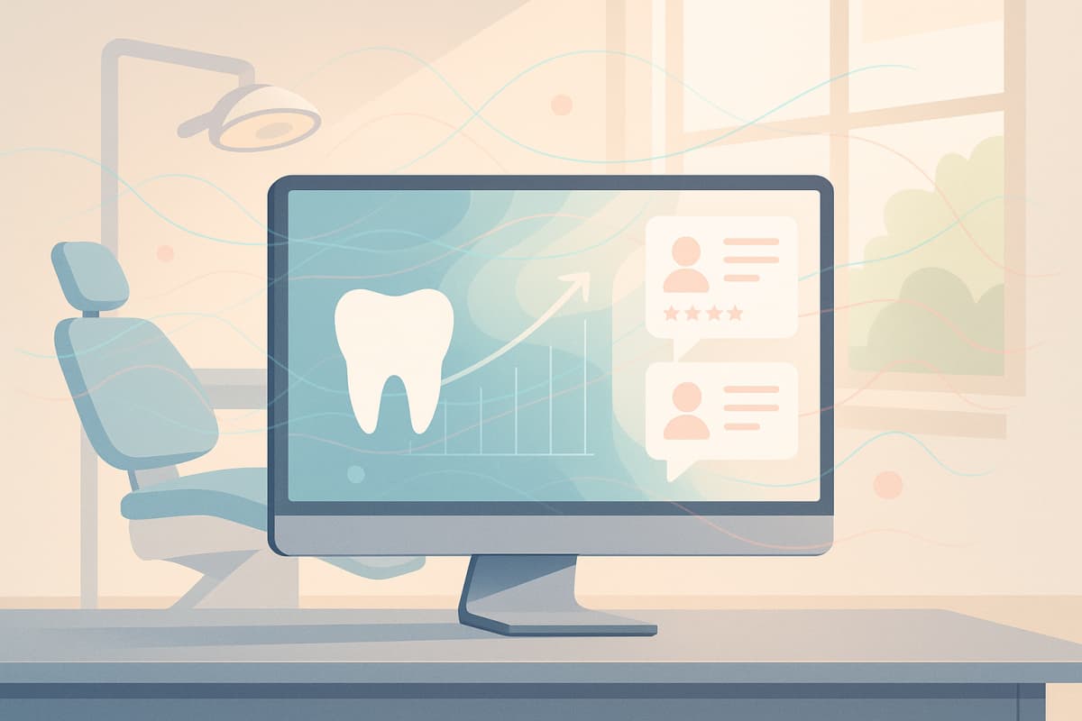 Modern dental clinic scene with digital workspace, growth charts, testimonial bubbles, and data streams.