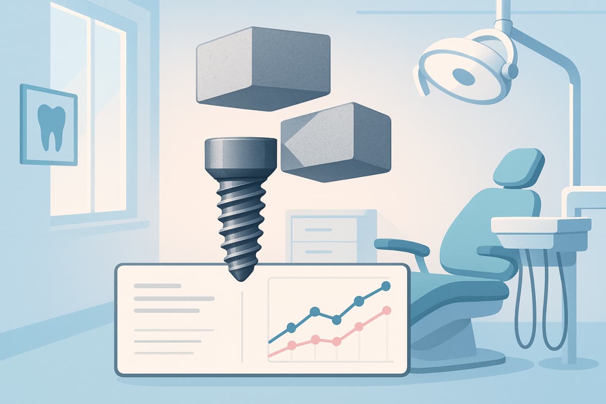 Modern dental clinic with abstract cement and screw shapes over a digital growth dashboard.