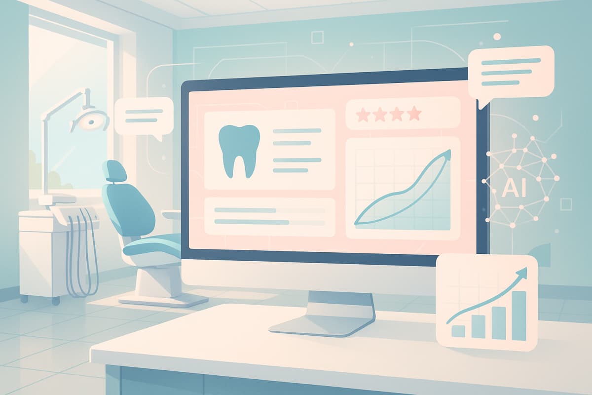 Modern dental clinic with digital dashboard, data charts, and AI neural network patterns.