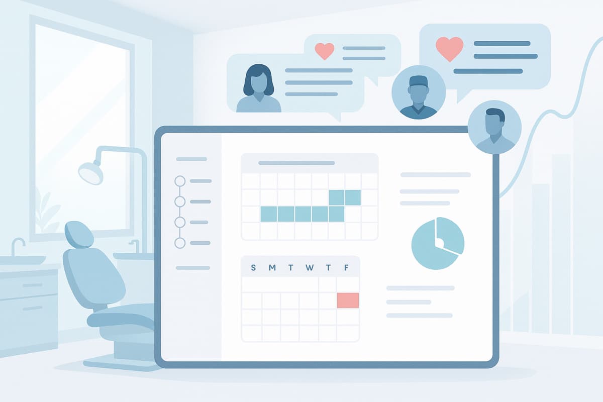 Modern dental clinic with digital dashboard, floating testimonials, and abstract growth charts in clinical tones.