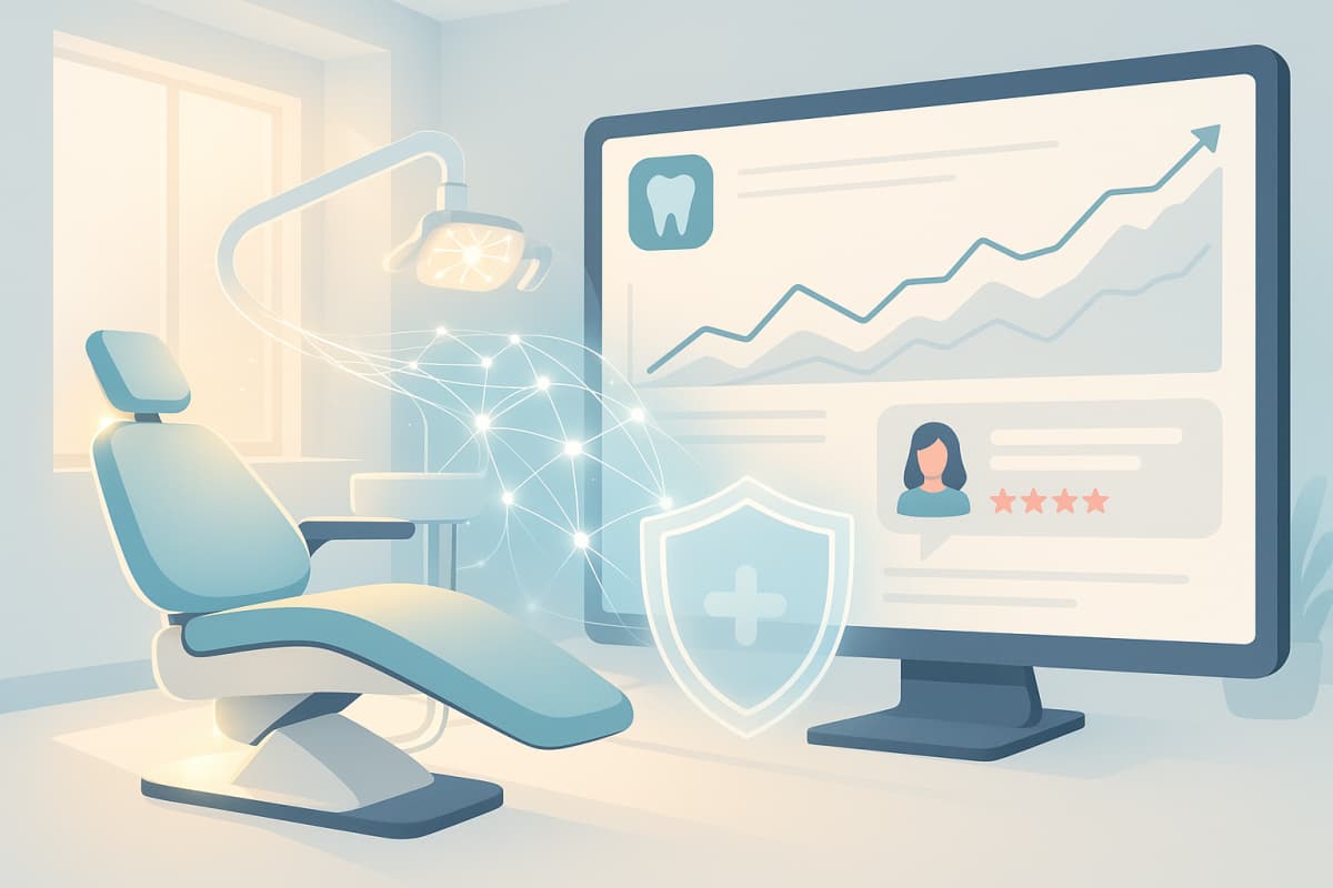 Modern dental clinic with digital dashboard, neural network lines, dental chair, and trust shield.