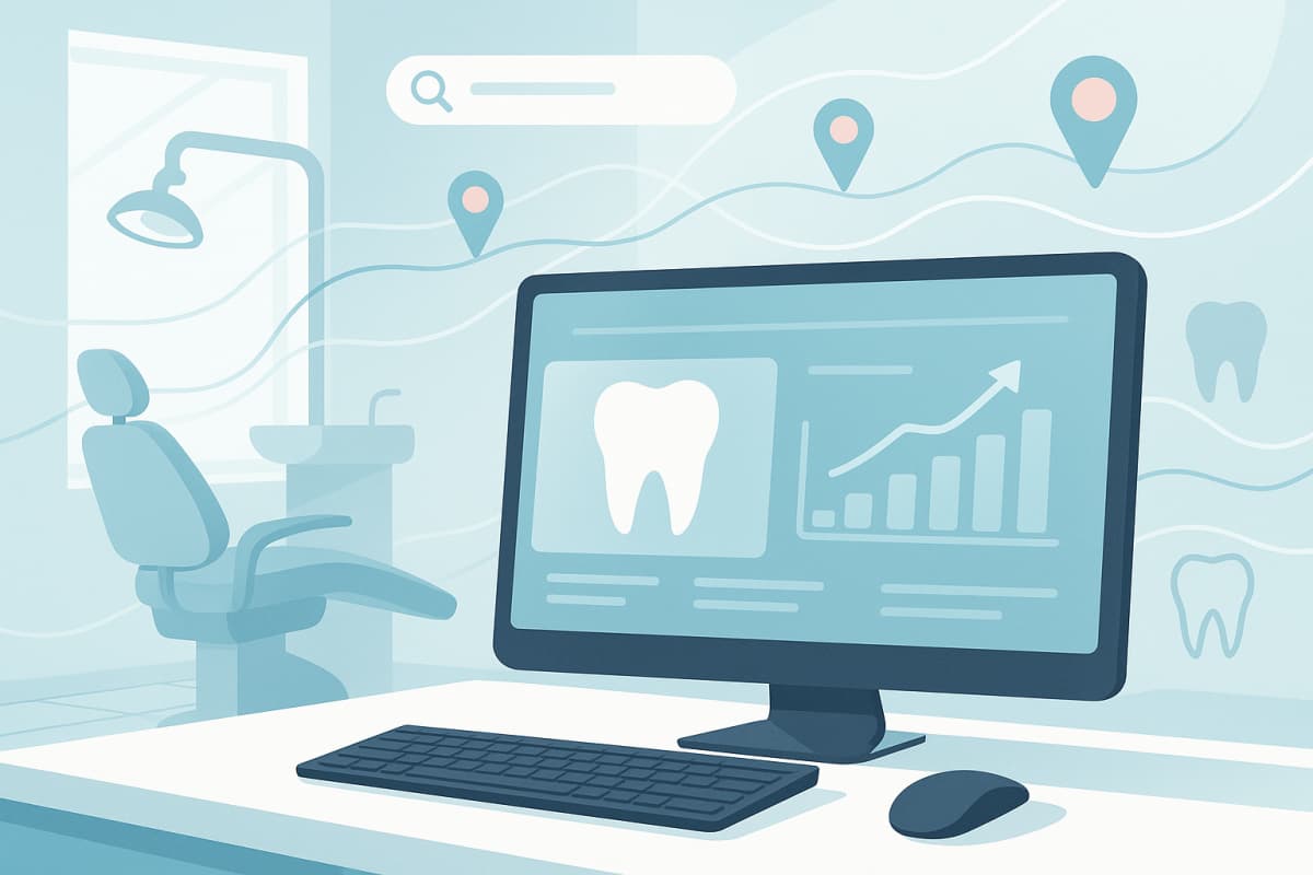 Modern dental clinic with digital workspace, data flow, search bars, map pins, and tooth icons.