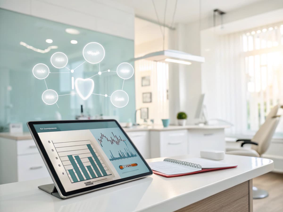 Modern dental clinic with digital workspace, growth charts, and patient interactions in bright, clinical tones.