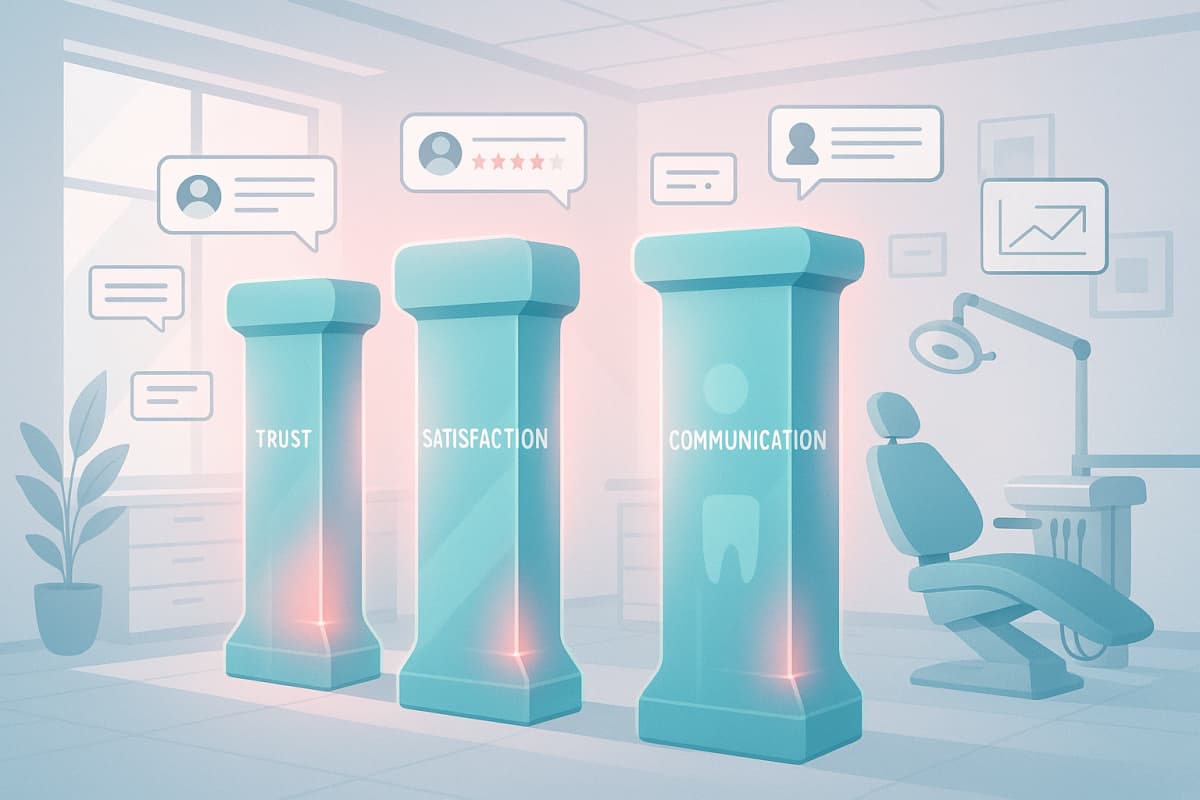 Modern dental clinic with translucent blue pillars, testimonial bubbles, growth charts, and digital interface elements.