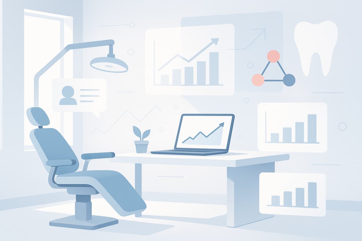 Modern dental clinic workspace with charts, geometric shapes, testimonial bubbles, and digital graphs.