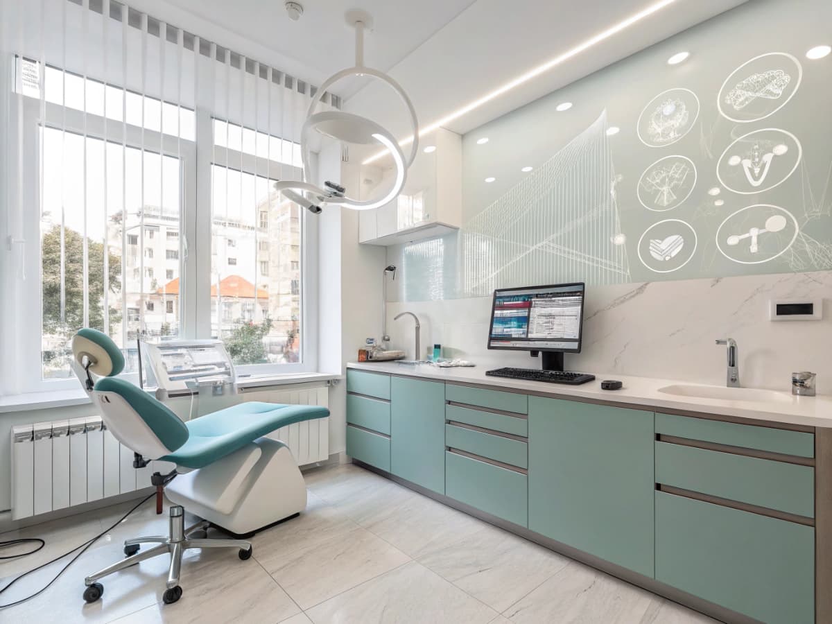 Modern dental clinic workspace with digital charts, testimonial bubbles, and sleek dashboard.
