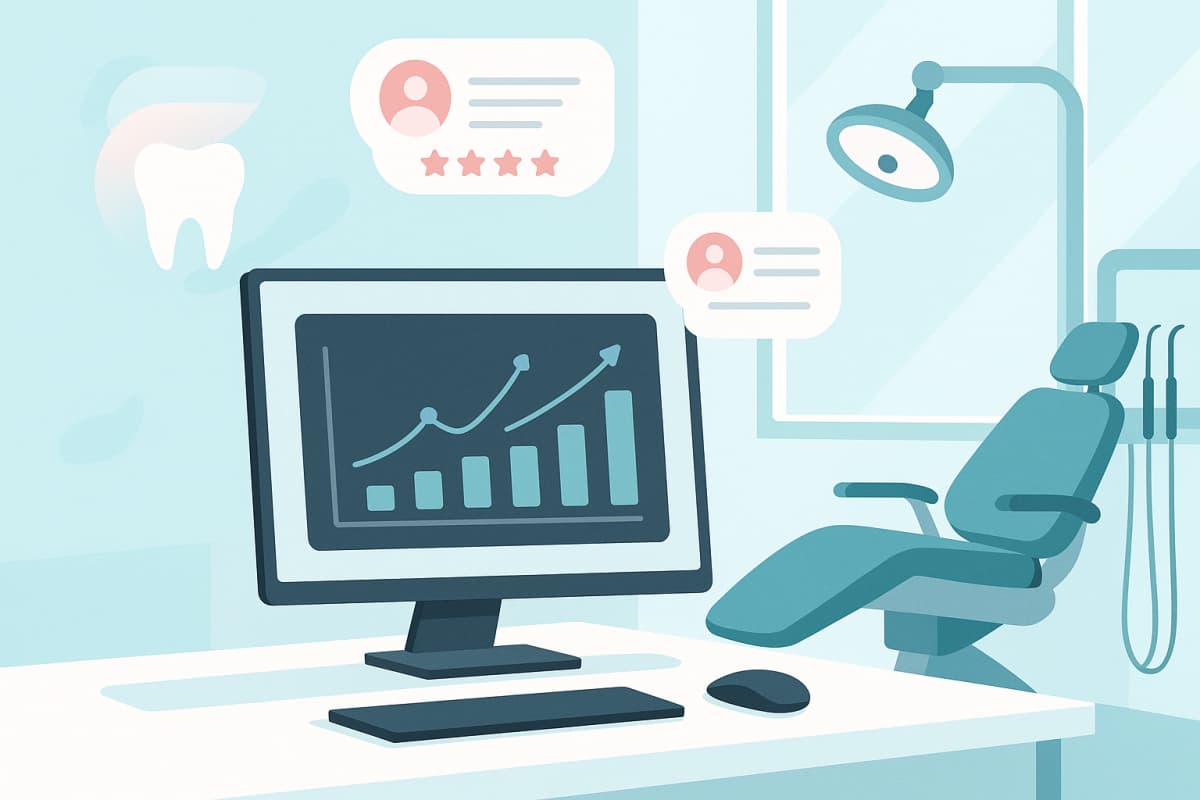 Modern dental clinic workspace with digital dashboard, testimonial bubbles, and clinical tones.