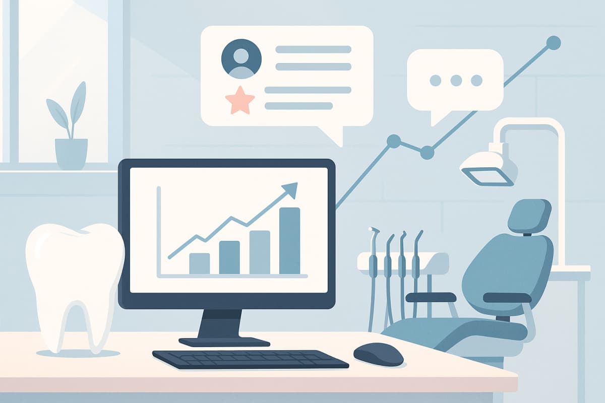 Modern dental clinic workspace with digital growth charts and testimonial bubbles in bright, clinical tones.