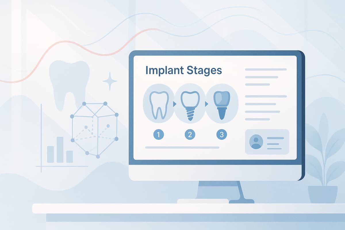 Modern dental dashboard showing implant stages with geometric shapes, growth charts, and testimonial bubbles.