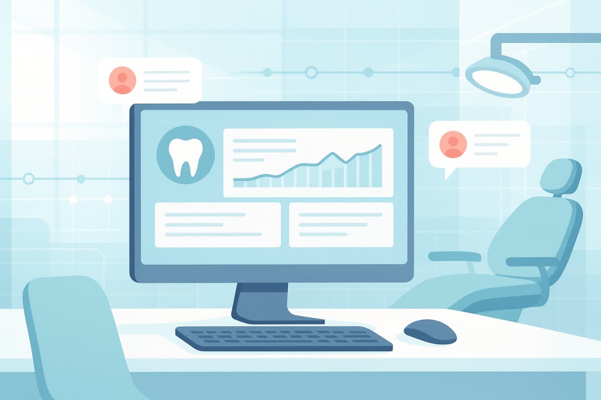 Modern dental dashboard with growth charts and testimonial bubbles in a bright, clinical treatment room.
