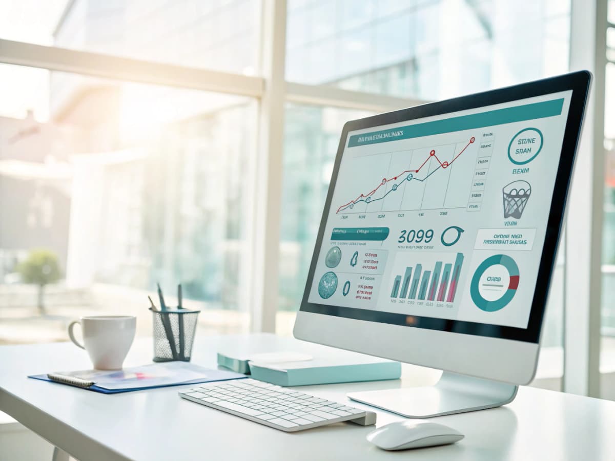 Modern dental dashboard with growth charts, testimonials, neural motifs, and clean clinical setting.
