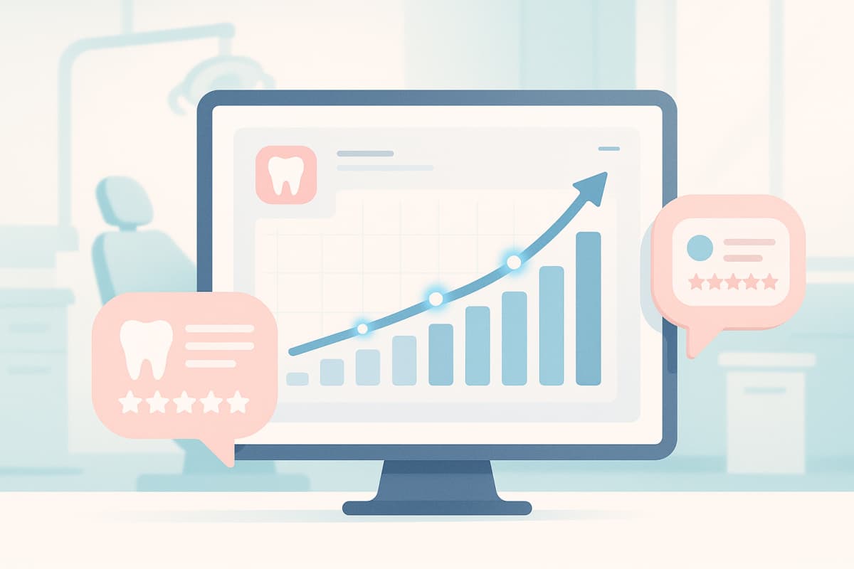 Modern dental dashboard with growth charts, testimonial bubbles, and clinical background elements.