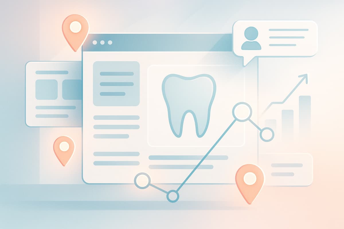 Modern dental digital workspace with floating screens, growth lines, and testimonial bubbles.
