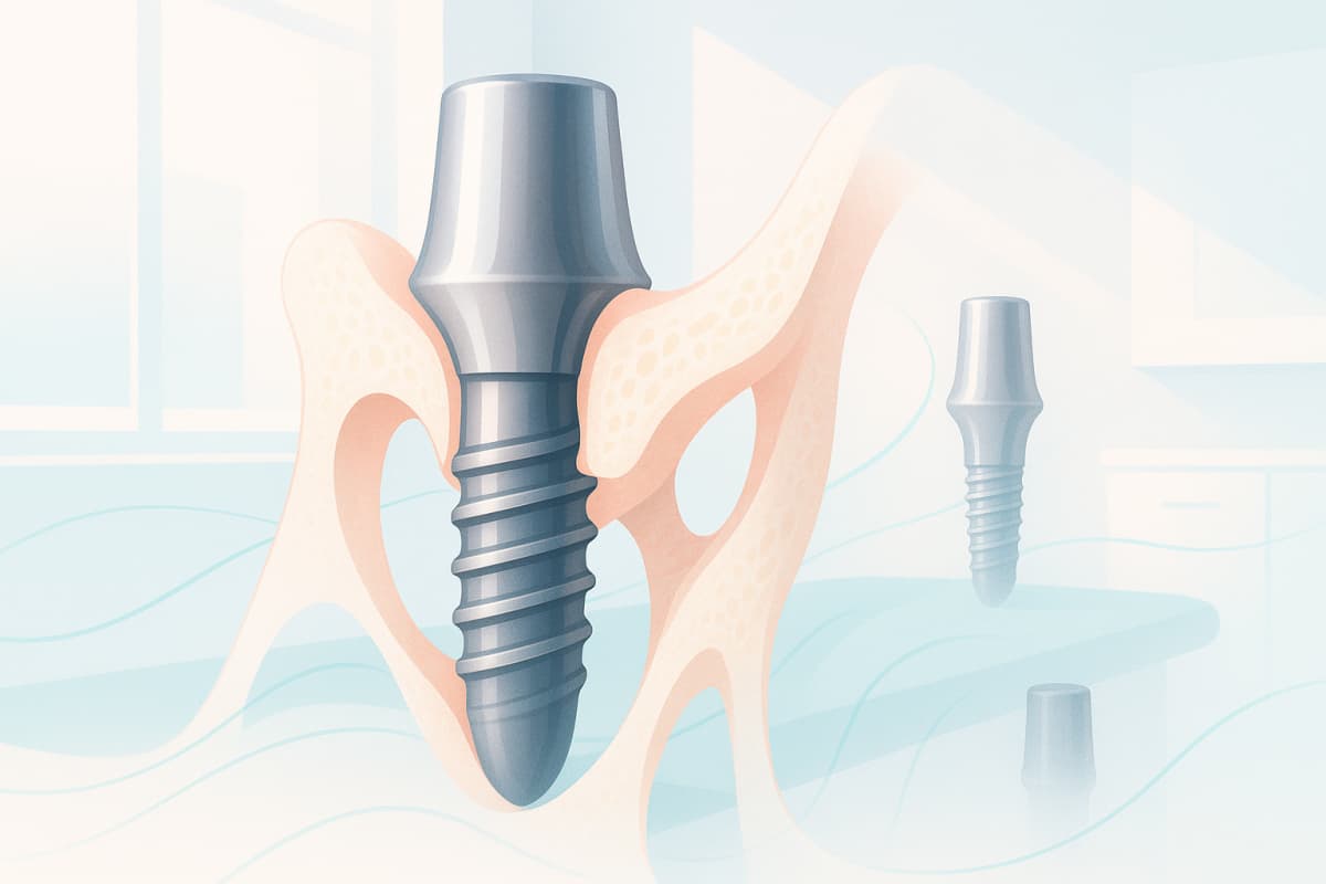 Modern dental illustration showing titanium rods merging with bone structures in a clinical setting.