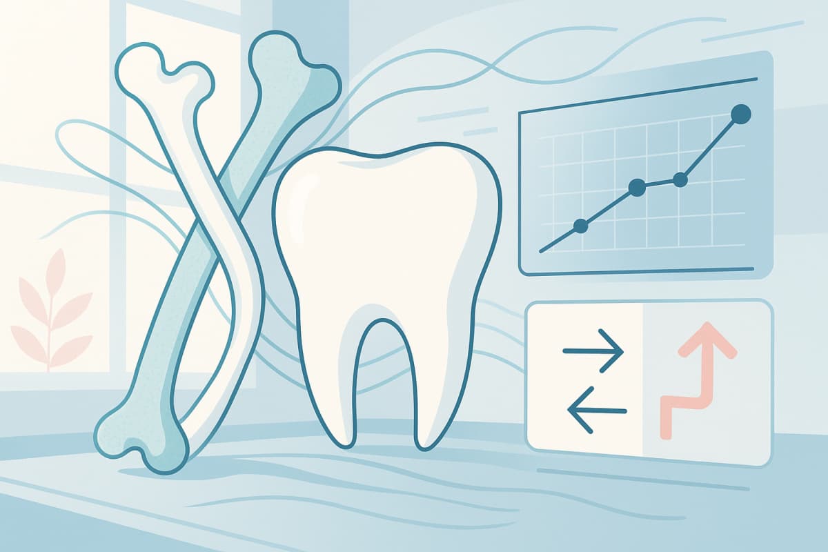 Modern dental illustration with abstract health symbols, growth charts, and clinical tones.