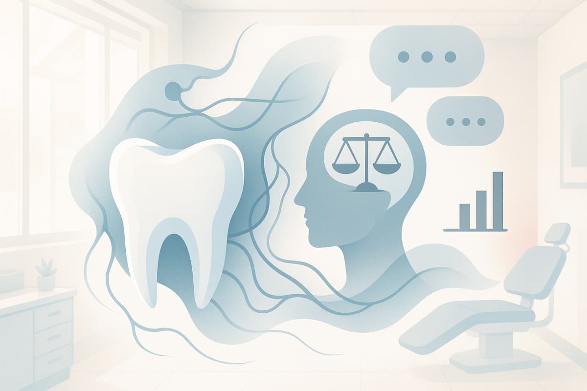 Modern dental illustration with bone structures, neural pathways, and calming clinical setting.