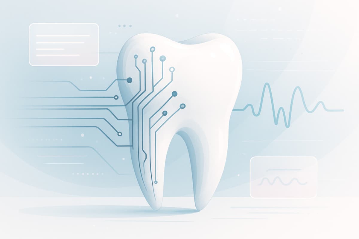 Modern dental illustration with circuits, data streams, and organic tooth forms in a clinical setting.