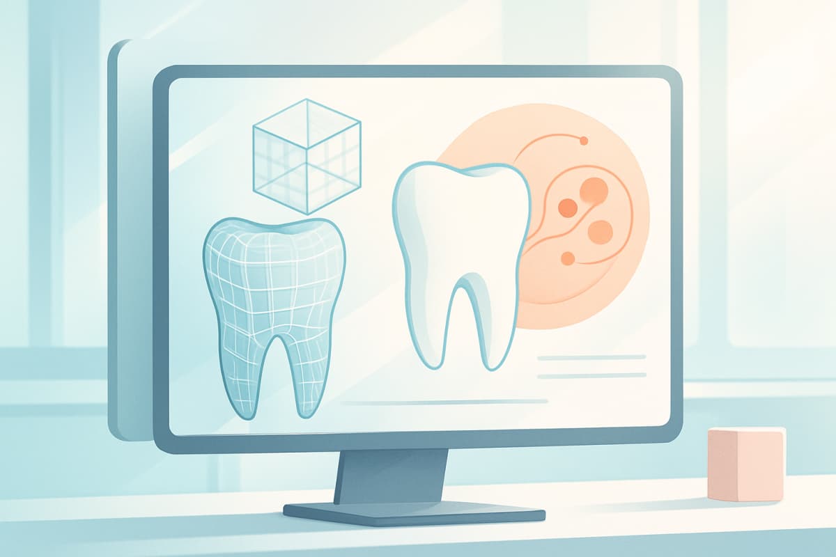 Modern dental illustration with digital blueprints, geometric shapes, and a sleek workspace.