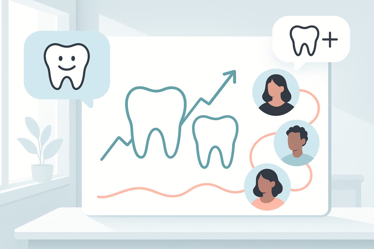 Modern dental illustration with diverse patients, speech bubbles, and growth charts in bright, clinical colors.