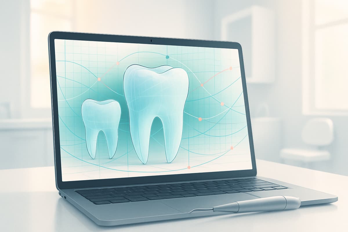 Modern dental illustration with floating tooth forms and digital workspace elements in bright, clinical tones.