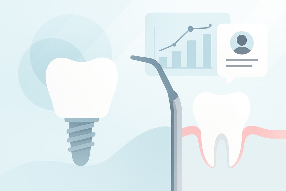 Modern dental illustration with geometric implants, tissue support curves, growth charts, and testimonial bubbles.