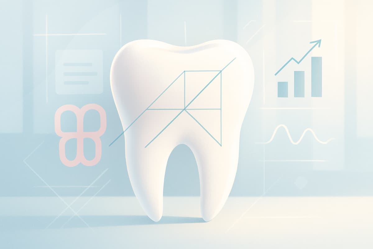 Modern dental illustration with geometric lines, interlocking shapes, waveform patterns, and clinical backdrop.