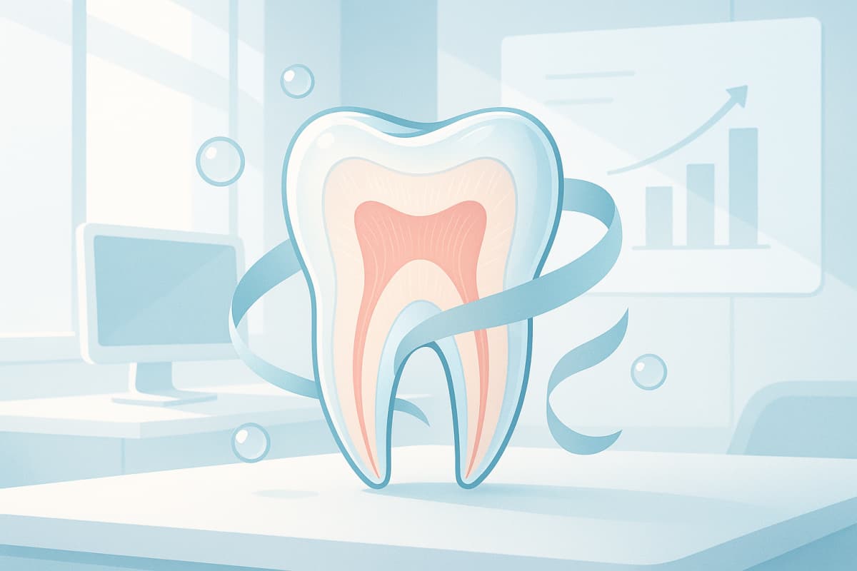 Modern dental illustration with protective enamel layers, hydration bubbles, and growth charts.