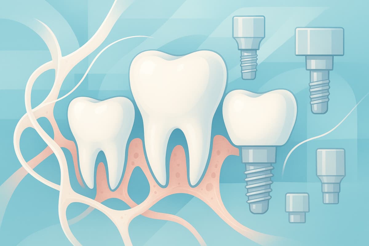 Modern dental illustration with teeth, bone structures, implant parts, and healing symbols.