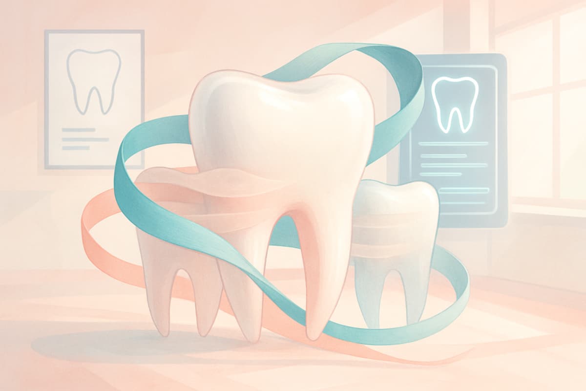 Modern dental illustration with translucent teeth, flowing ribbons, charts, and digital interfaces in a bright, clinical setting.