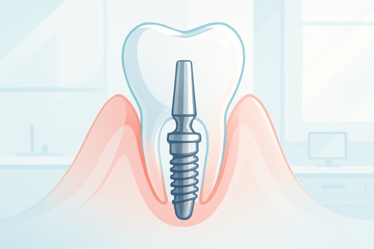 Modern dental illustration with translucent tissues and a metallic healing abutment in a bright, clinical setting.