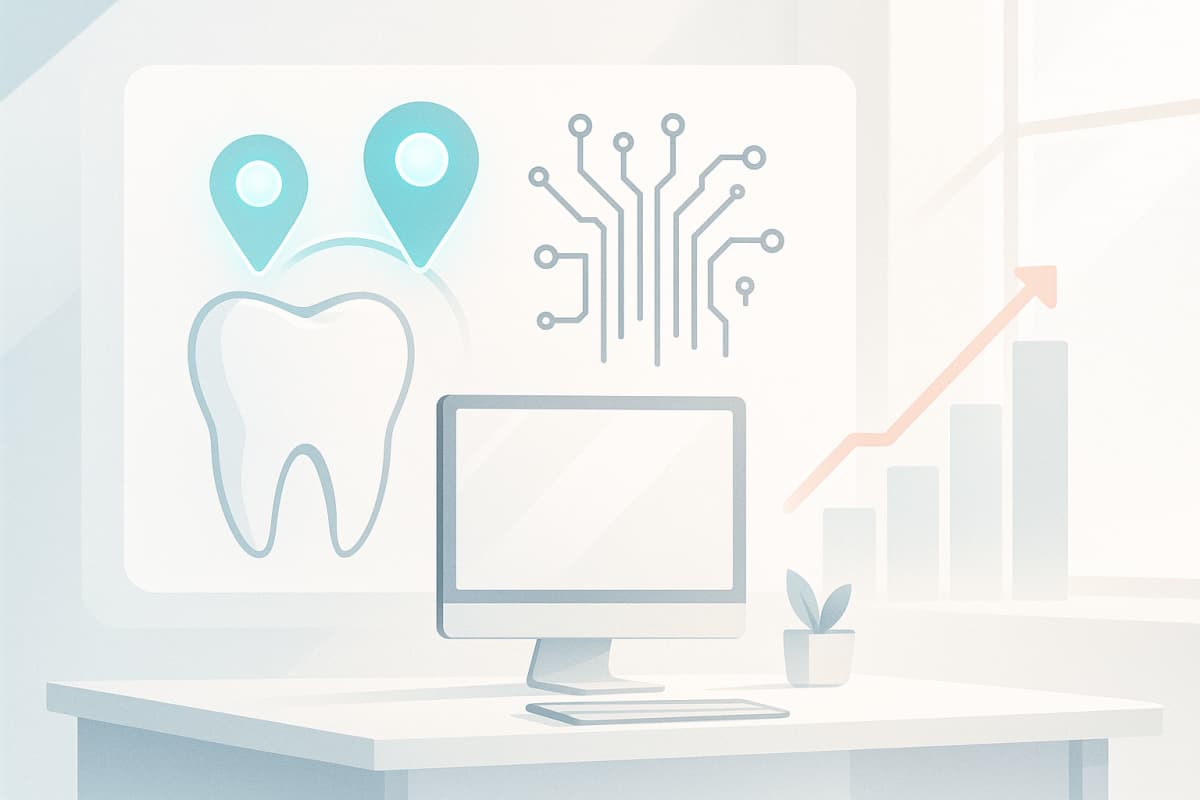 Modern dental-themed illustration with abstract optimization, circuitry, and growth charts in a clinical workspace.