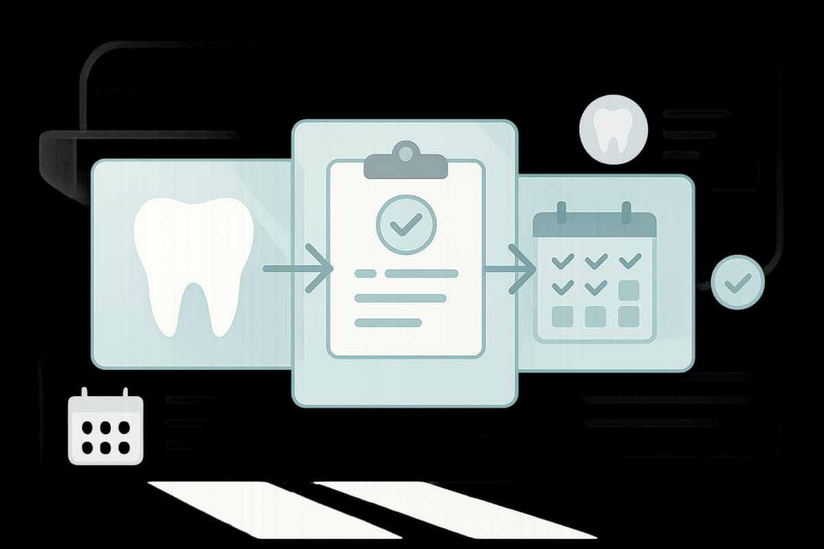 Modern dental treatment illustration with layered panels, icons, and guiding arrows in clinical tones.