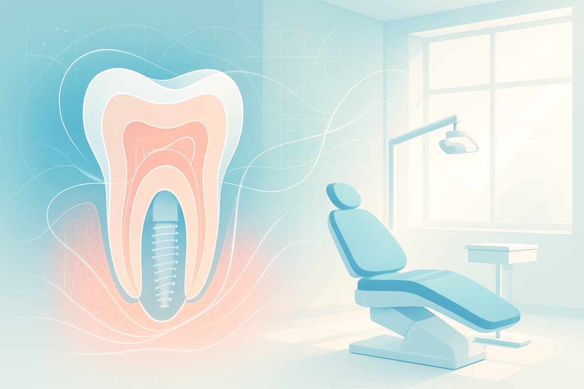 Modern dental treatment room with abstract tissue layers, light threads, and digital schematics.