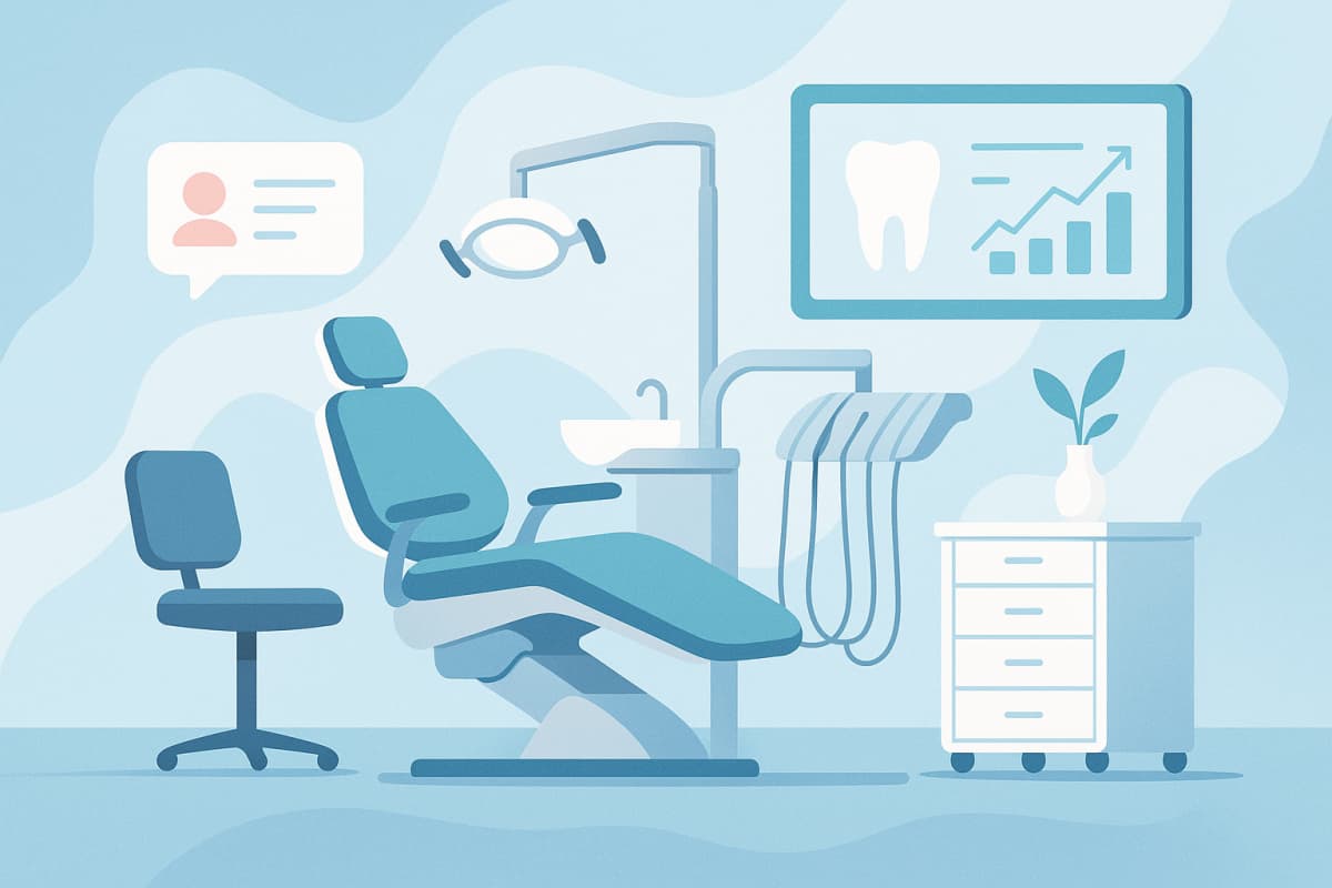 Modern dental treatment room with calming abstract elements and digital progress dashboard.