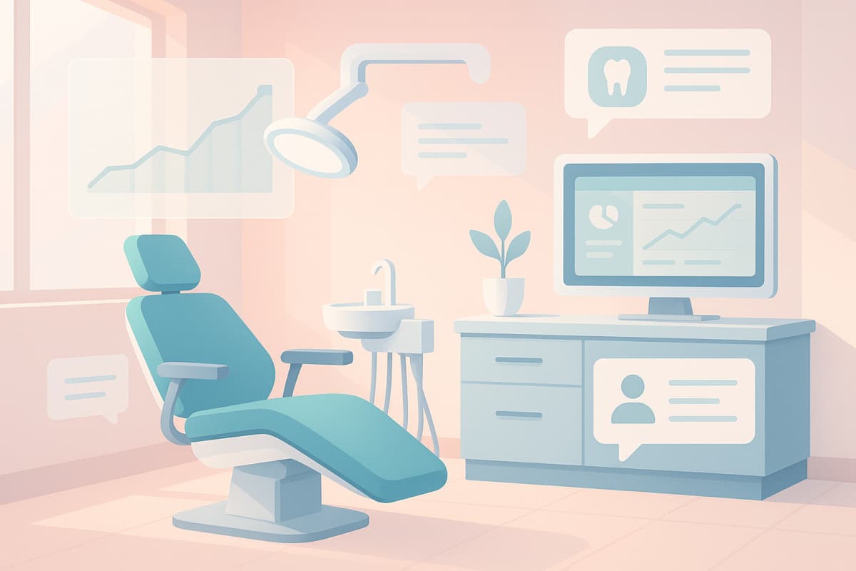 Modern dental treatment room with digital charts, testimonial bubbles, and a dashboard display.