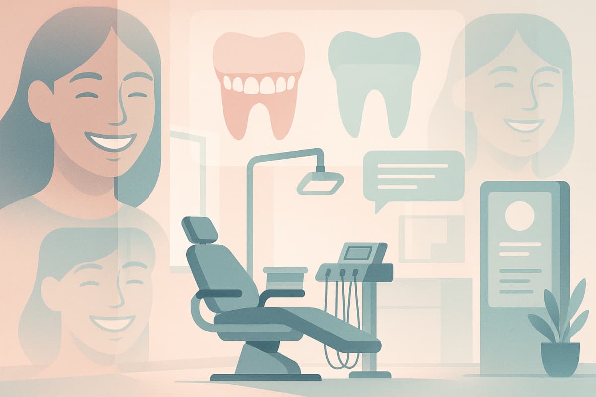Modern dental treatment room with digital screens, smiling faces, and layered before-and-after silhouettes.