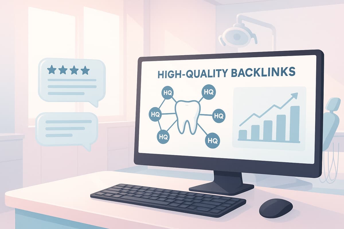 Modern dental treatment room with digital workspace, growth charts, and testimonial bubbles.
