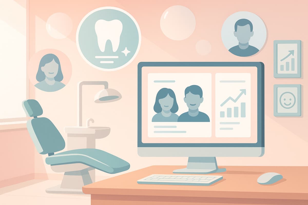 Modern dental treatment room with digital workspace, floating testimonial bubbles, and smiling team.