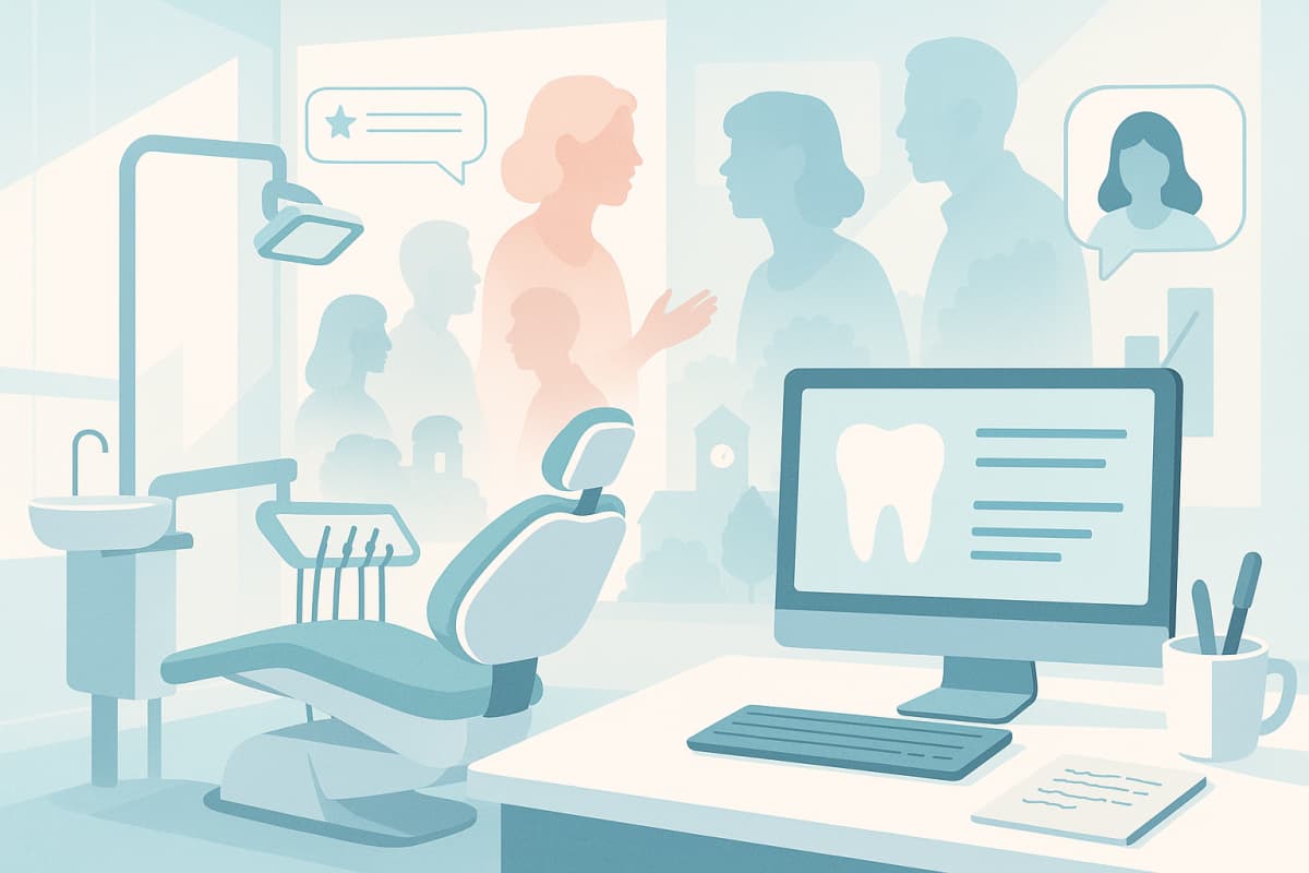 Modern dental treatment room with digital workspace, community silhouettes, and testimonial bubbles.