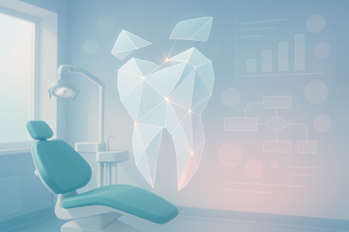 Modern dental treatment room with floating crown fragments, geometric shapes, and schematic overlays.